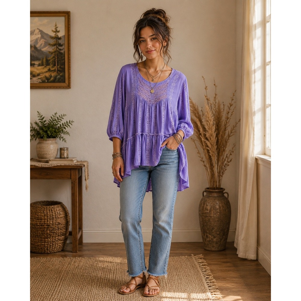 Free People‎ Tunic Blouse Women Medium Purple Cotton Lace Crochet Boho Festival